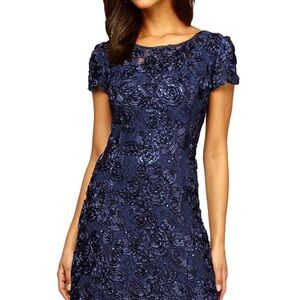 Alex Evenings Blue Sequin Sheath Dress Puff Sleeve